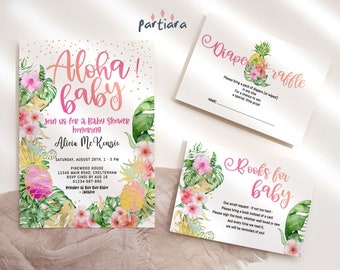 Aloha Baby Invite Girl Hawaiian Baby Shower Invitation Bundle Set + Inserts Pink Gold Pineapple Floral Decor Printable Editable Download P47