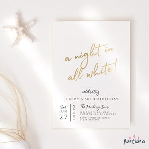 Editable All White Party Invitation Printable Birthday Surprise Party Invites for Adult Men or Ladies DIY Gold Decor Digital Download