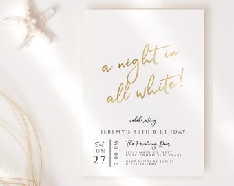 Editable All White Party Invitation Printable Birthday Surprise Party Invites for Adult Men or Ladies DIY Gold Decor Digital Download