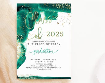 Green Graduation Invitation: Emerald Green Class of 2026 Editable Template P764