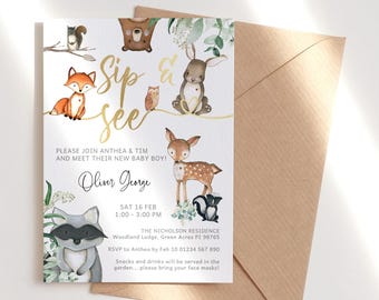 Sip and See Woodland Invitation Digital Download, Gender Neutral Boy or Girl New Baby Meet and Greet Party Invite Printable, Editable P124