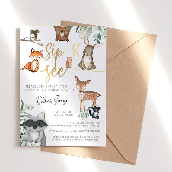 Sip and See Woodland Invitation Digital Download, Gender Neutral Boy or Girl New Baby Meet and Greet Party Invite Printable, Editable P124
