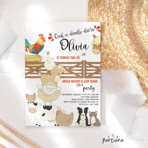 Cocka-Doodle-Do 2nd Birthday Farm Invite Printable Farmyard Party Animals Invitation Girl Editable Digital Download Template