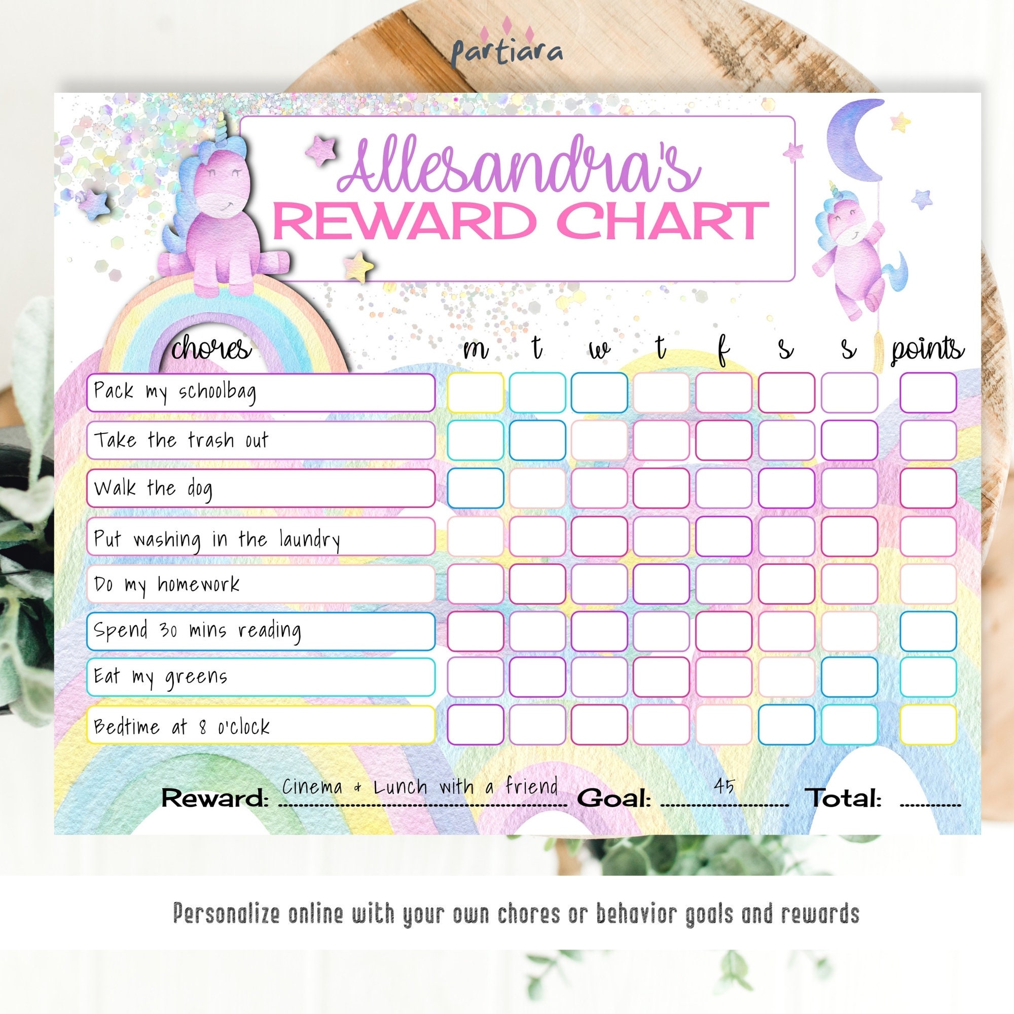 girls reward chart printable unicorn chore chart weekly etsy