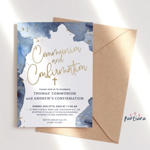 Puede incluir: Invitación a una celebración de comunión y confirmación para Thomas y Andrew. La invitación presenta un fondo de acuarela azul y dorado con el texto "Comunión y Confirmación" en letras doradas.
