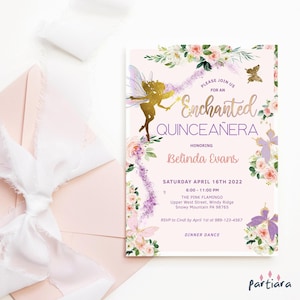 Pink Lilac Fairy Birthday Invitation Printable Blush Floral Gold Quinceanera Enchanted Butterfly Garden Party Editable Template P6 P328
