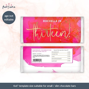 13th Birthday Candy Bar Wrapper Template, Girls 13 Favor Labels Printable, Chocolate Bar Wrap Tropical Pink Orange Party Decor Editable P200