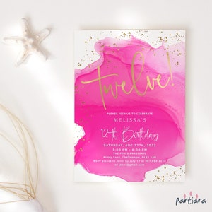 Girls 12th Birthday Invitation Printable Fuchsia Pink and Gold Party Invite Editable Instant Download Template Sleepover Pamper Party P200