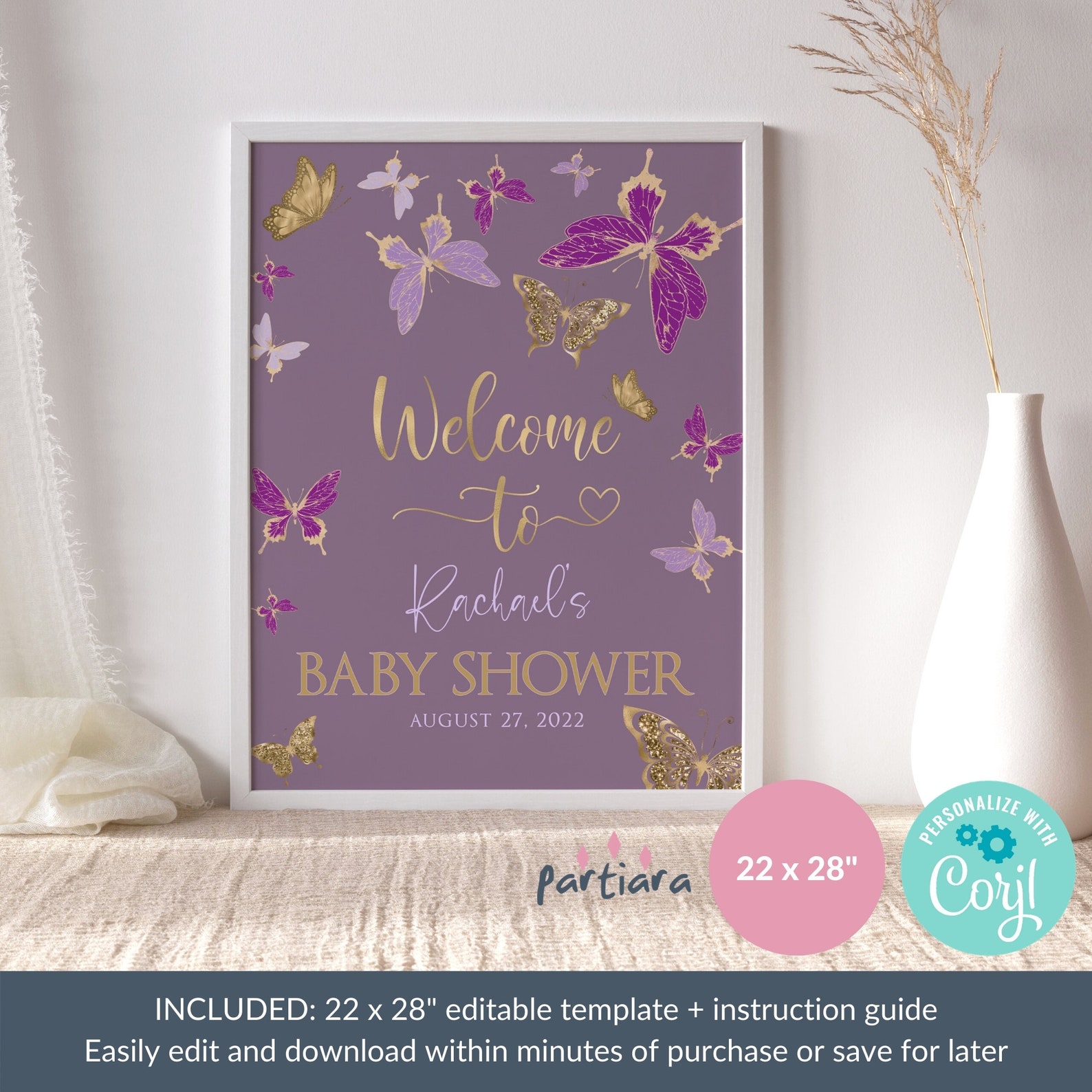 Butterfly Sign Editable Baby Shower Girl Party Etsy