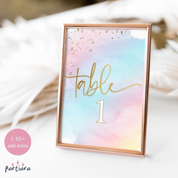 Pastel Rainbow Table Numbers Printable Girl's 1st Birthday Party Decor Editable Template Set Unicorn Baby Shower Baptism or Christening P179