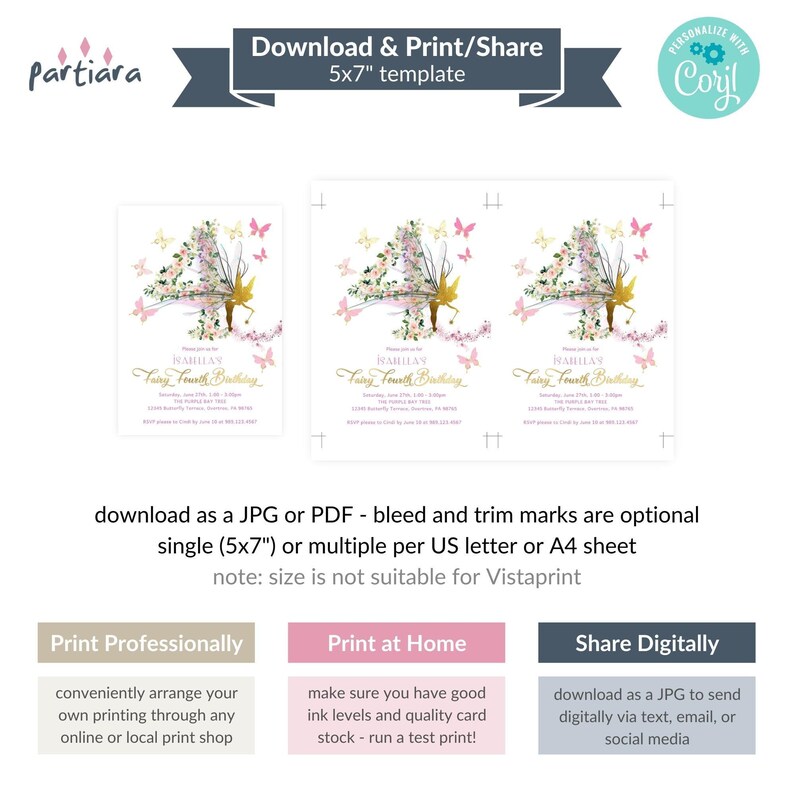 Fairy Invitation 4th Birthday Printable, Girl's Enchanted Butterfly Garden Party Invite, Fourth Floral Tea Party, Editable Download P376 image 4