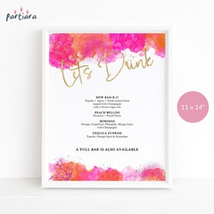 Modèle modifiable de signe de menu de boissons, permet de boire l'affiche de Table de bar d'anniversaire, décoration rose fuchsia orange imprimable, téléchargement numérique P200