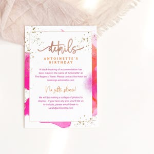 Carte de détails d'anniversaire orange rose imprimable, modèle modifiable d'itinéraire de fête de la douche nuptiale, dames ou adolescentes, téléchargement numérique P200