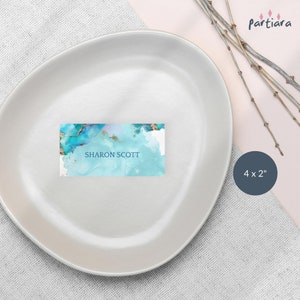Turquoise Place Cards, Beach Theme Birthday Seating Name Card Printable, Teal Blue Gold Decor, Editable Digital Download Template P243