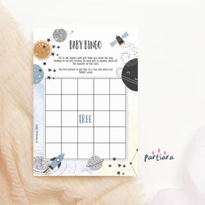 Ruimte baby shower bingo game kaartsjabloon, jongens planeten zon maan en sterren decor afdrukbare, bewerkbare digitale download P166