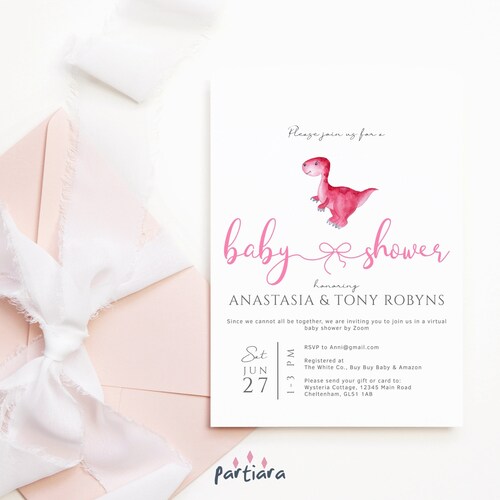 Girl Dinosaur Baby Shower Invitation. Pink & Purple Watercolor Etsy