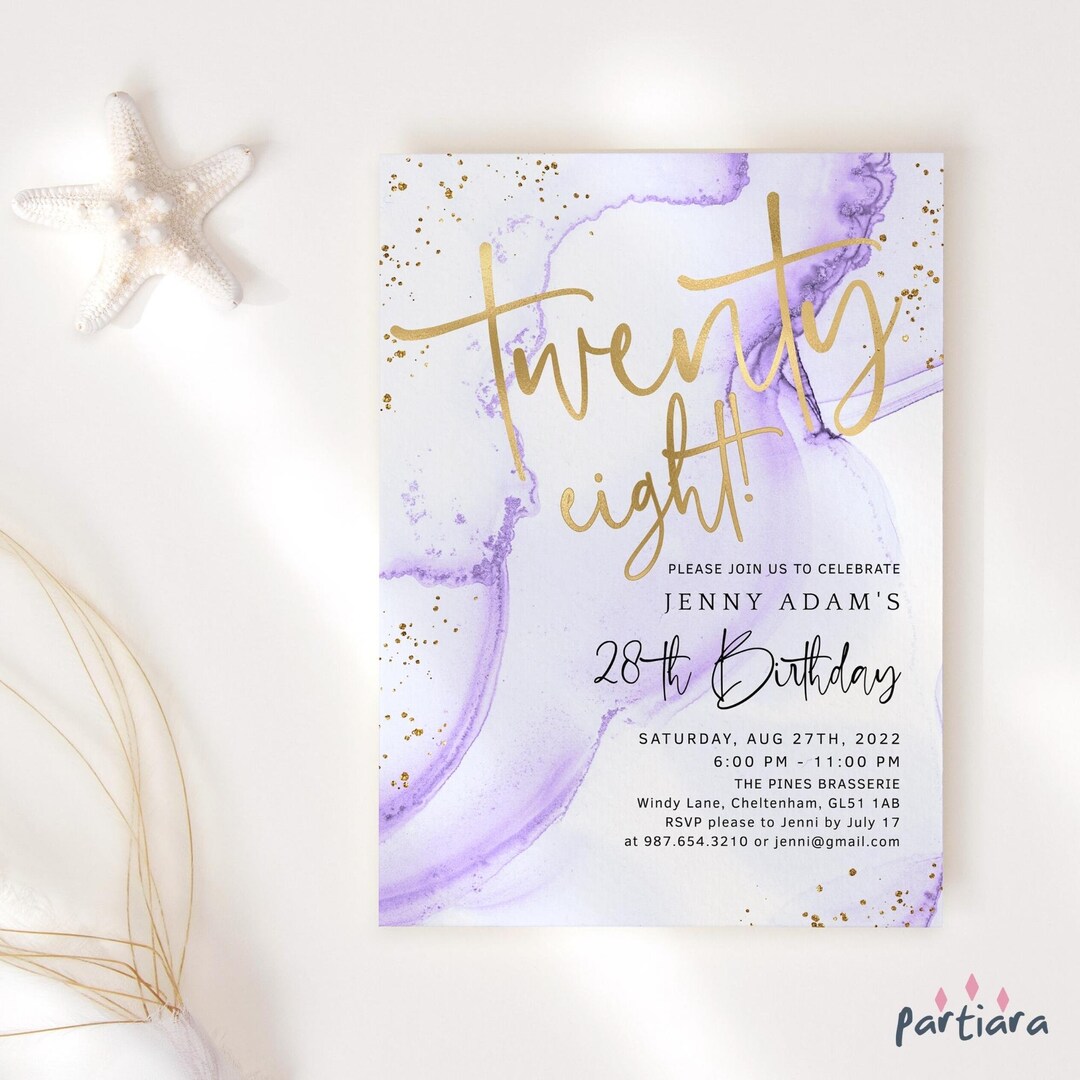 28th Birthday Invitation Purple Party Printable for Ladies Brunch Lunch ...