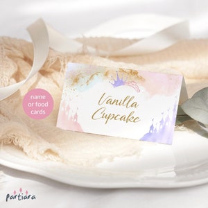 Marque-places princesse, étiquettes de nom de princesse, cartes de vœux de fête de princesse, décoration de château de conte de fées, or rose lilas pastel, carte de nourriture modifiable P137