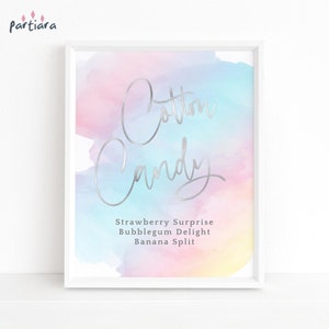 Cartel de algodón de azúcar con arcoíris para fiesta de cumpleaños, póster para mesa, decoración con temática de unicornio para niñas, plantilla imprimible y editable para descarga digital P179