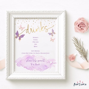 Butterfly Drink Menu Bar Sign Printable, Girl Baby Shower Table Poster Decor Pastel Pink Lilac Purple Birthday Drinks Editable Template P345
