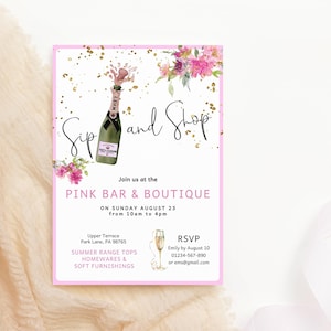 Sip und Shop Einladungsvorlage, Pink Floral Sip und Shop Flyer Digitaler Download, Bearbeitbares Printable P275
