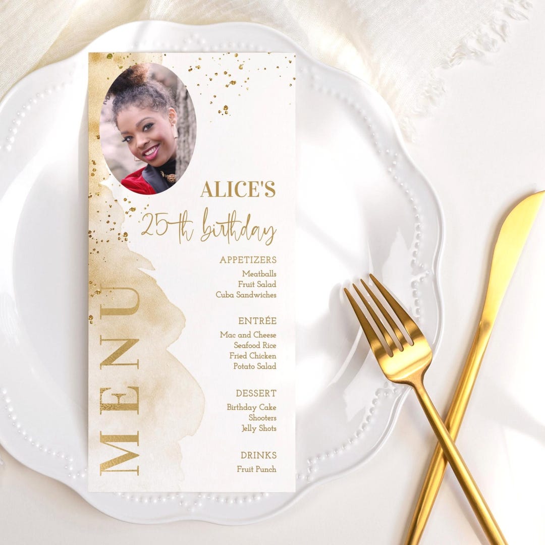 All White Gold Birthday Photo Menu Cards Digital Download DIY