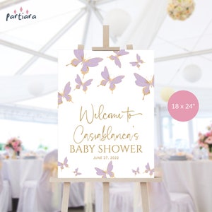 Butterfly Baby Shower Welcome Sign, Purple Butterflies Birthday Welcome Poster Board Printable Girl, Editable Template Digital Download P438