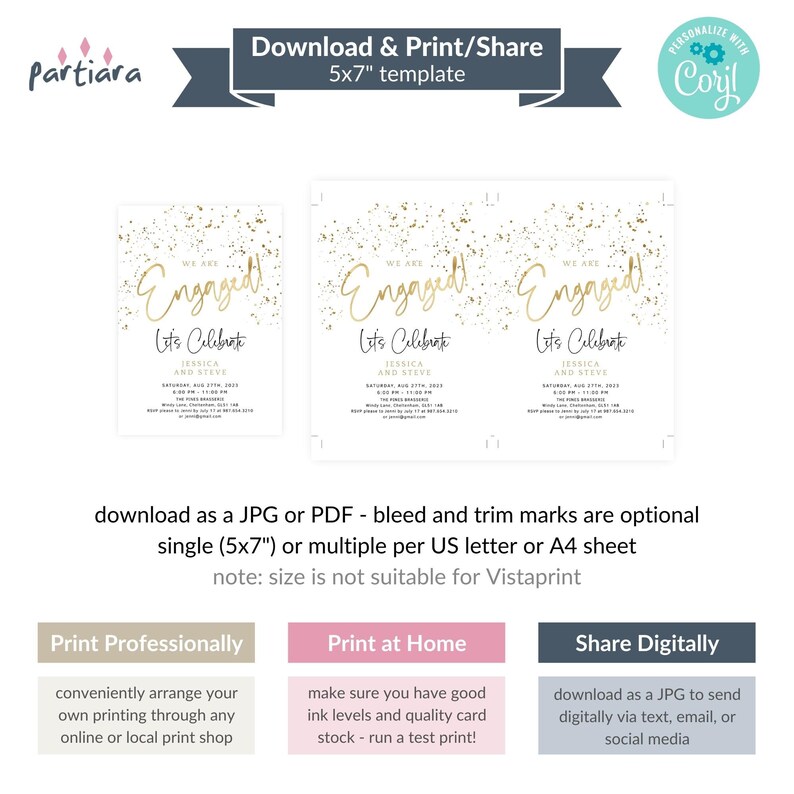 May include: A printable 5x7 inch engagement announcement template with a gold glitter background and the text "We are Engaged! Let's Celebrate Jessica and Steve".