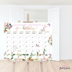 Guess the Arrival Date Butterfly Baby Shower Due Date Calendar Sign Printable, Girls Prediction Birthday Editable Template Download P328