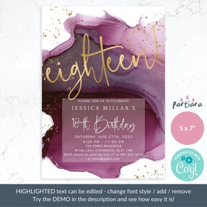 Op de afbeelding: Een 12,7 x 17,8 cm verjaardagskaart met een aquarelontwerp in paars en goud. De uitnodiging toont het woord "eighteen" in gouden script, samen met evenementdetails en de tekst "18th Birthday".