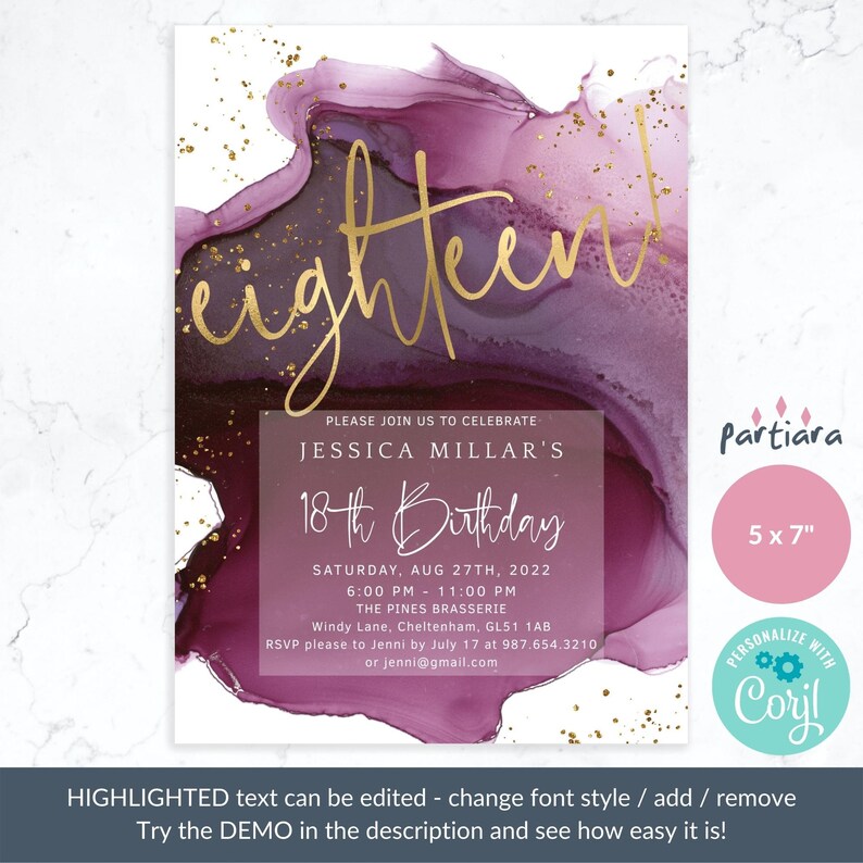 Op de afbeelding: Een 12,7 x 17,8 cm verjaardagskaart met een aquarelontwerp in paars en goud. De uitnodiging toont het woord "eighteen" in gouden script, samen met evenementdetails en de tekst "18th Birthday".