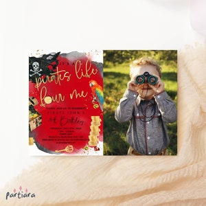 Modello fotografico per invito di compleanno a tema pirati per il 4° compleanno, invito stampabile per la festa "Pirati Life Four Me" per ragazzi, scheda digitale modificabile scaricabile P758