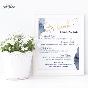 Blue Party Drinks Menu Sign, Birthday Dinner Bar Menus Printable, Mens Navy Blue White Events Table Decor, Editable Template Download P239