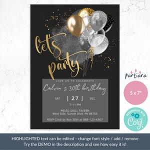 May include: Black and gold birthday party invitation with a watercolor background and balloons. The text reads "Let's Party" and "Join us to celebrate Calvin's 30th birthday". The date is Saturday, December 27th, 7-11 PM. The location is Mixed Grill Tavern, West Side, Sunset Blvd. PA 98765. RSVP to Cindi by November 30th at 989-123-4567.