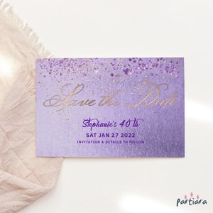 Lila Save the Date Card Template, Damen Geburtstags-Dinner-Party Save the Dates Printable, Meilenstein Ereignisse, bearbeitbarer Download P139 P264