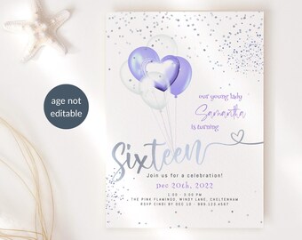 Girls 16th Birthday Invitation Printable, Lilac Silver Sweet Sixteen Party Invite Editable Template, Lilac Silver Balloons, Download P111