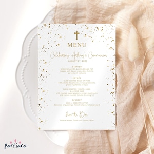 Modèle de menu de communion, menus de table de première communion imprimables, carte de baptême pour garçon ou fille, toute en or blanc, téléchargement modifiable P493