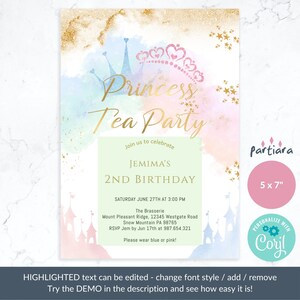 Princess Tea Party Invitation Editable Girl's Birthday Fairytale Castle ...