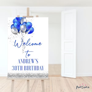Royal Blue Silver Dinner Party Welcome Sign Graduation Bash Poster Decor Mens Birthday Balloons Printable Editable Digital Download P247
