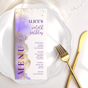 Carte de menu d'anniversaire or lilas bricolage modèle modifiable, dîner, table, menus, téléchargement immédiat, décoration pour elle, fête surprise, P719