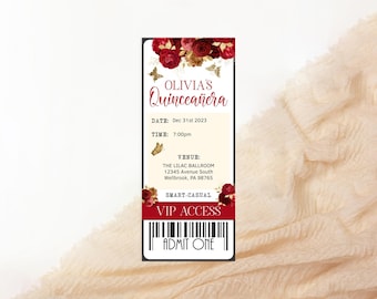 Quinceanera VIP Access Card Invitation Inserts Printable Red Gold Floral Butterfly Dinner Party Admittance Ticket Editable Download P36
