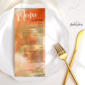 Modèle de menu orange, menus de fête d'anniversaire dîner imprimable, carte de menu d'événements d'été en téléchargement numérique modifiable P417