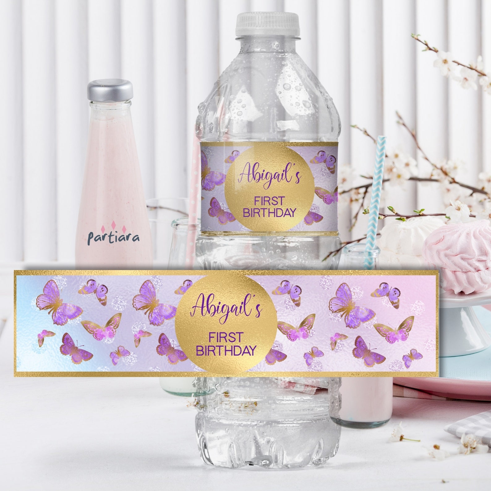 Purple Gold Butterfly Water Bottle Labels Editable Template Etsy