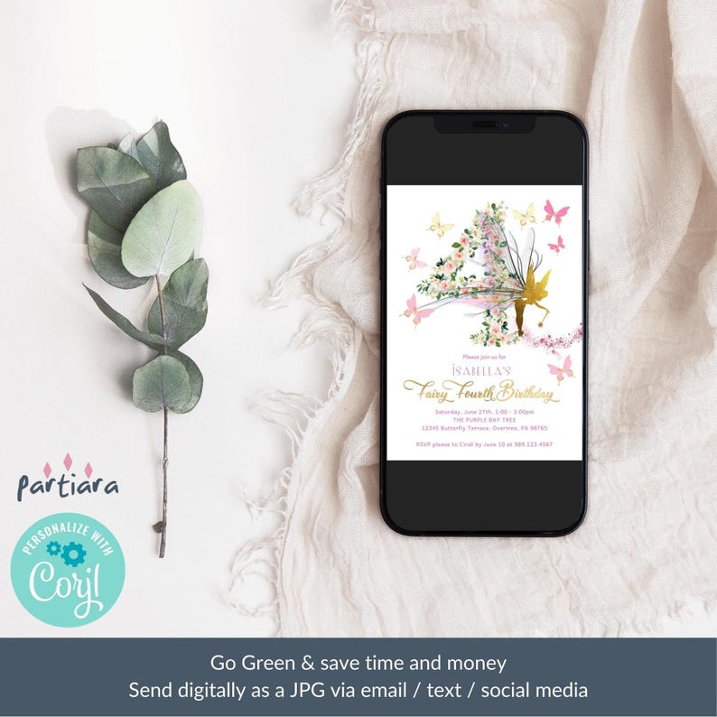 Fairy Invitation 4th Birthday Printable, Girl's Enchanted Butterfly Garden Party Invite, Fourth Floral Tea Party, Editable Download P376 image 5