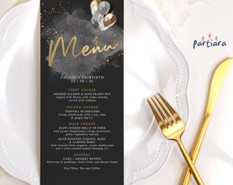 Mens Birthday Menu Template, Black Silver Dinner Party Plate Menus Printable, Elegant Silver Gold Balloons Decor, Editable Download P251