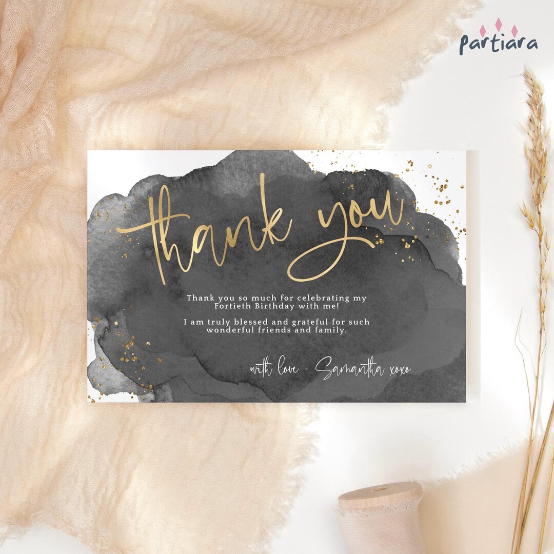 Birthday Thank You Card Template Black and Gold Party Printable, Teen ...