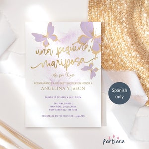 Convite de borboleta espanhola para chá de bebê para impressão, convite para meninas com uma pequena borboleta, pastel lavanda roxo lilás dourado, editável P438