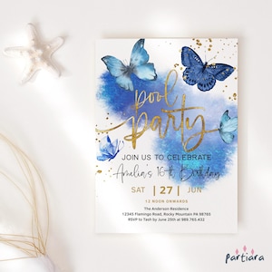 Invito per festa in piscina, inviti per compleanno di ragazze adolescenti che nuotano, modello di decorazione a farfalla blu reale e oro, download digitale P617
