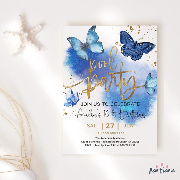 Royal Blue Gold Pool Party Invitation Printable Teen Girl Birthday Butterfly Swimming House Party Invite Editable Download Template P6 P617