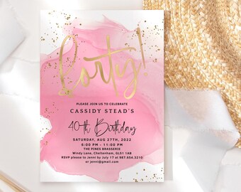 Pink 40th Birthday Invitation Template: Ladies Hello Forty Party Invite Printable, Editable Digital Download Events Card P722